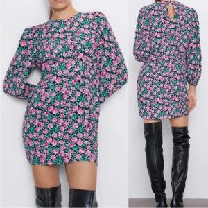 NWOT Zara Hot Pink Rose Floral Mini Dress- Baloon Sleeve Size XS